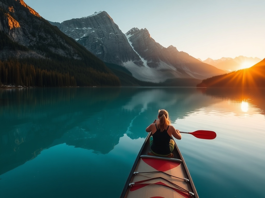 Banff turquoise lake mountains couple canoe calm water sunrise Canadian Rockies