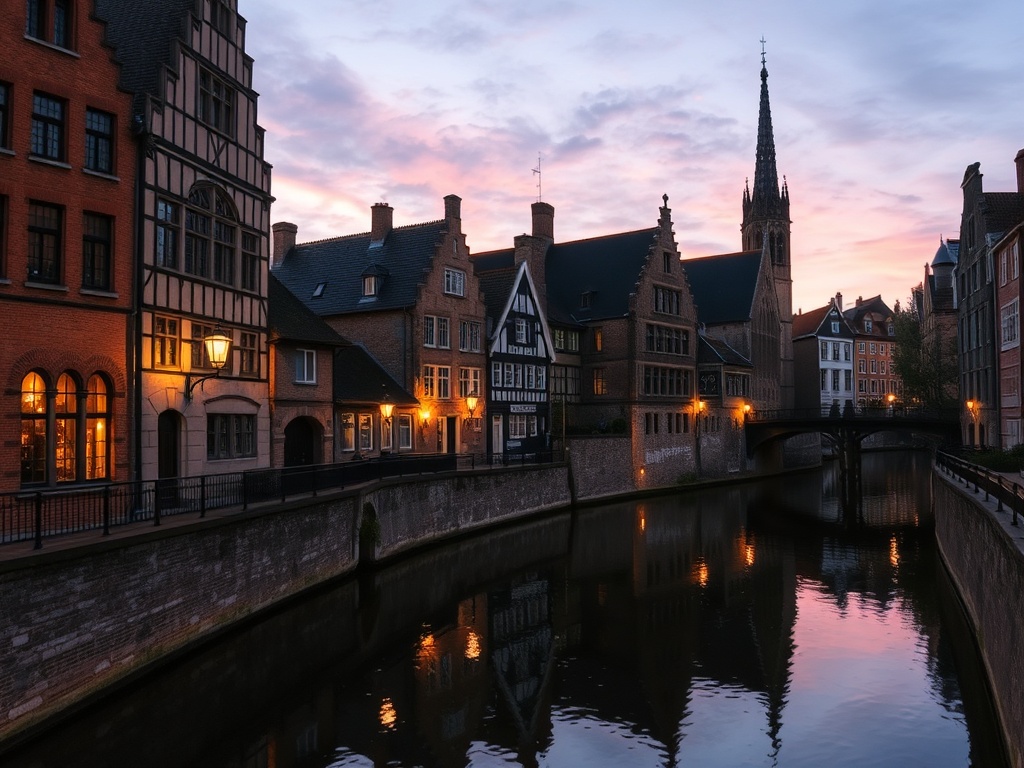 Bruges canal medieval buildings reflection evening lights quiet romantic scene