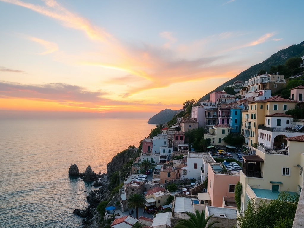 coastal village Praiano Italy sunset pastel houses overlooking sea fewer crowds intimate terraces
