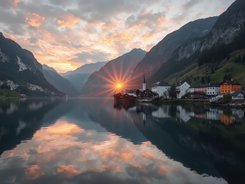 Hallstatt village sunrise lake mountains pastel houses reflection peaceful romantic