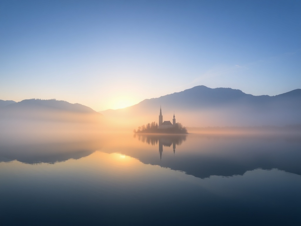 misty sunrise over Lake Bled with church island and mountains reflected in still water, romantic quiet atmosphere