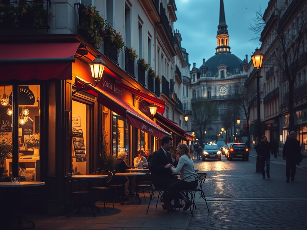 Paris Montmartre quiet street café evening soft lights romantic couple atmosphere