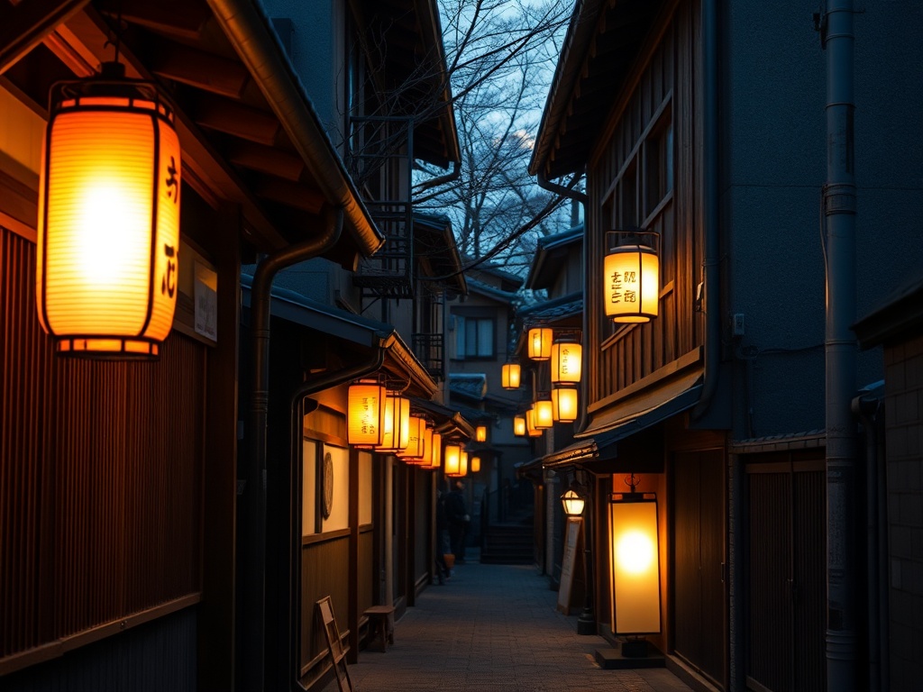 quiet Kyoto alley with lanterns glowing at dusk, traditional wooden houses, soft warm light