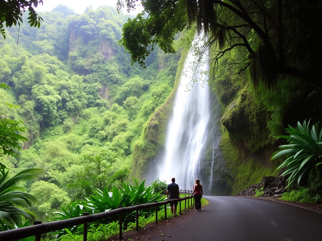 Road to Hana lush rainforest waterfall scenic road couple adventure romantic tropical