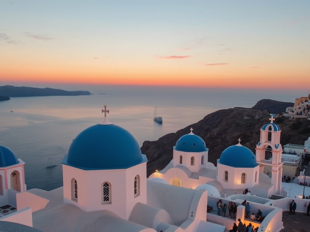Santorini quiet blue domes sunset minimal crowds soft golden light romantic