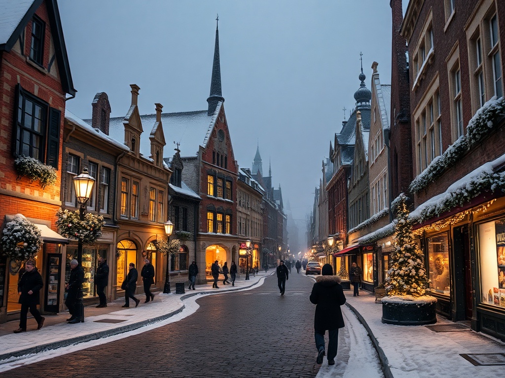 snowy Quebec City old town cobblestone streets glowing lights winter romantic scene