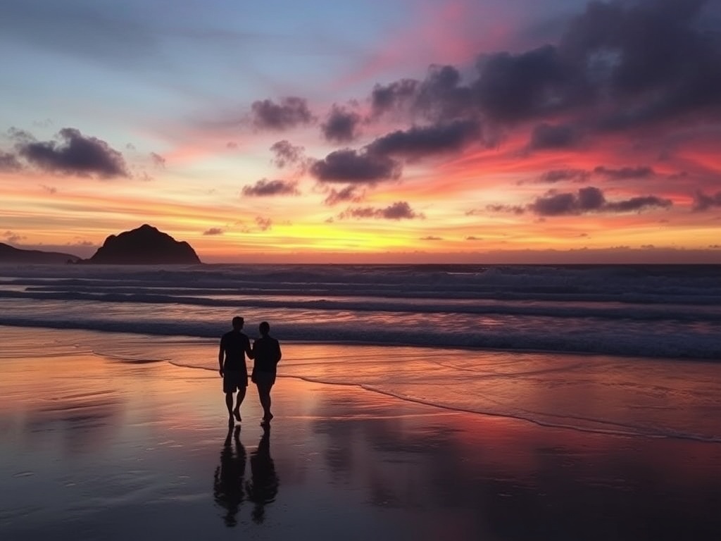Tofino beach sunset waves dramatic sky couple walking Pacific coast wild romantic