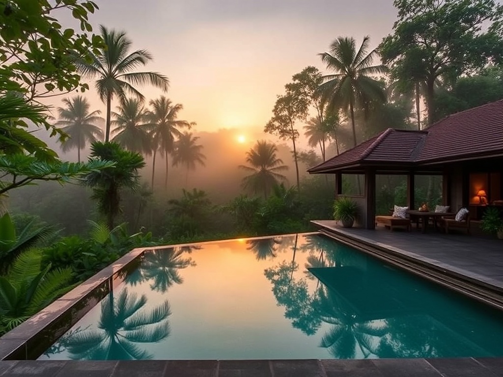Ubud Bali jungle villa private pool lush greenery sunrise mist tranquil romantic