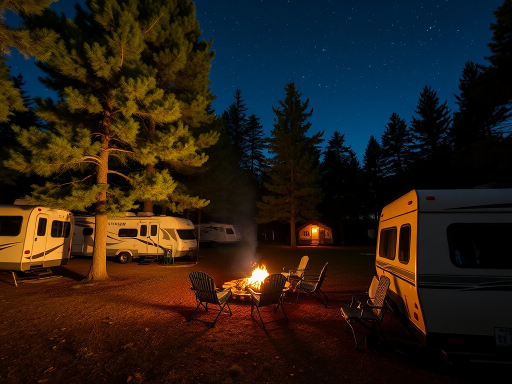 A cozy campground with RVs parked beside trees, a campfire in the middle, and a clear night sky