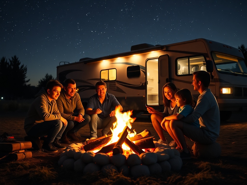 A family enjoying a campfire at night, with an RV in the background and a starry sky above