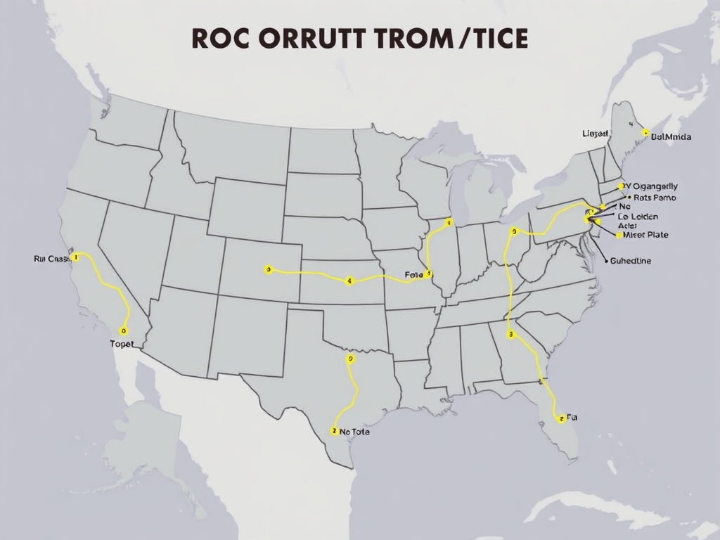 A map showing iconic road trip routes in the United States, with highlighted paths for RV-friendly travel