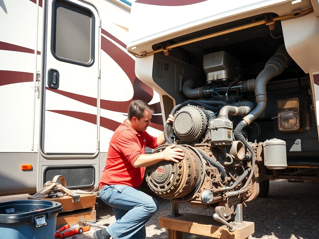 A mechanic inspecting an RV engine, tools scattered nearby, sunny day outdoors
