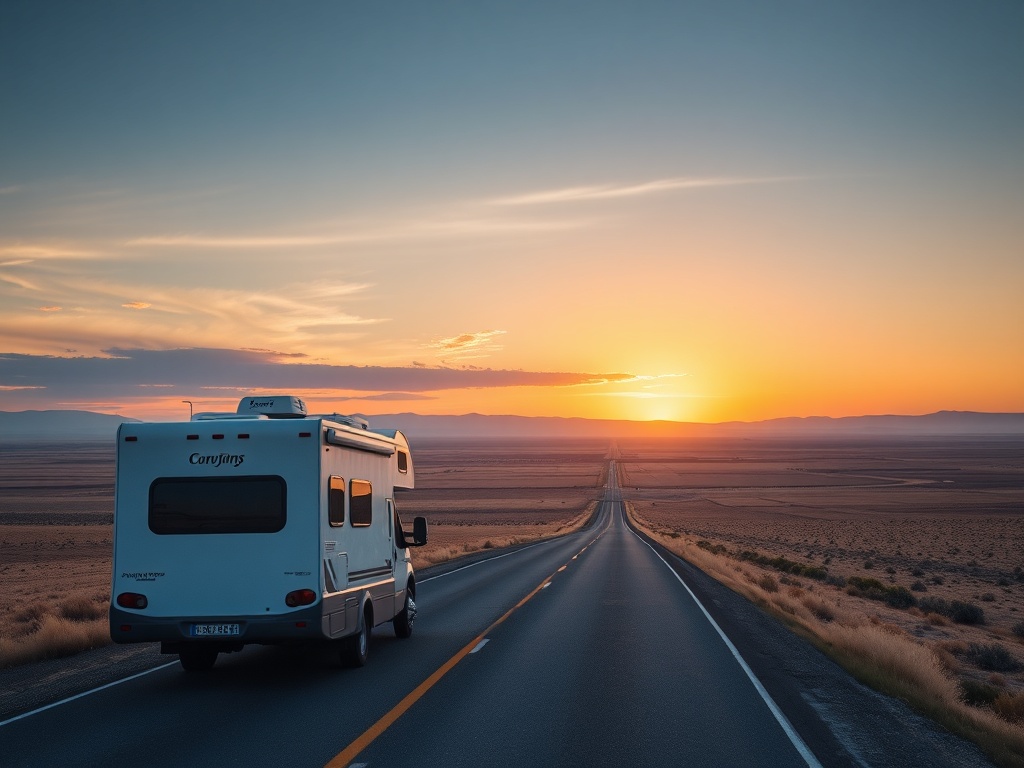 A scenic road stretching through vast plains with an RV in the foreground, sunrise lighting the horizon