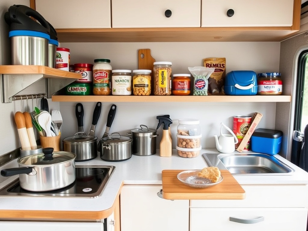 A well-organized RV kitchen with camping cookware and food supplies neatly arranged