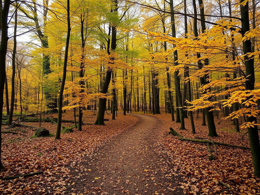 quiet forest trail with autumn leaves in Bois de la Montagne