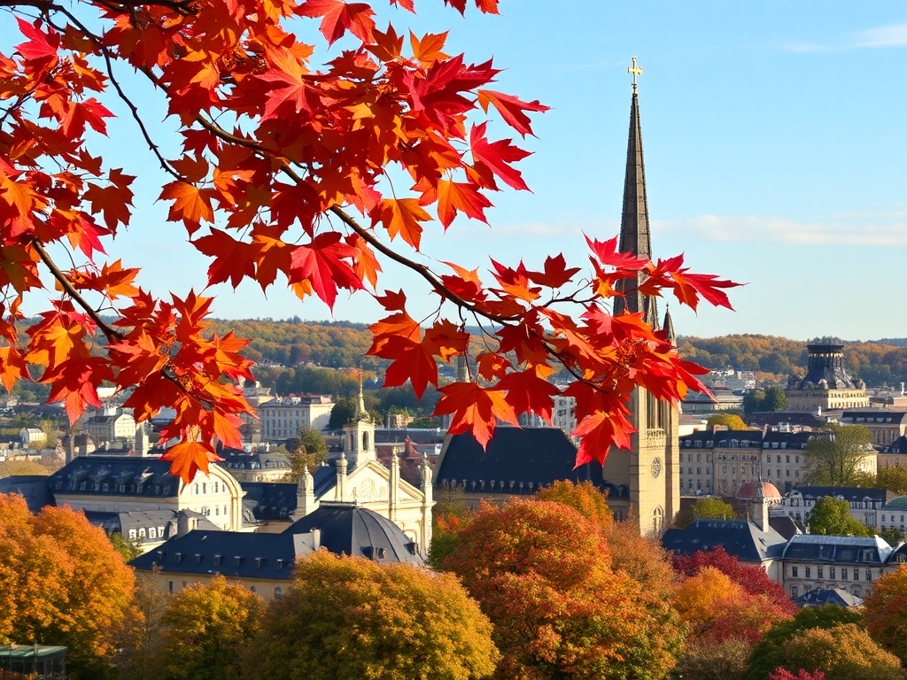 scenic view of Saint-Eustache with autumn leaves in vibrant colors