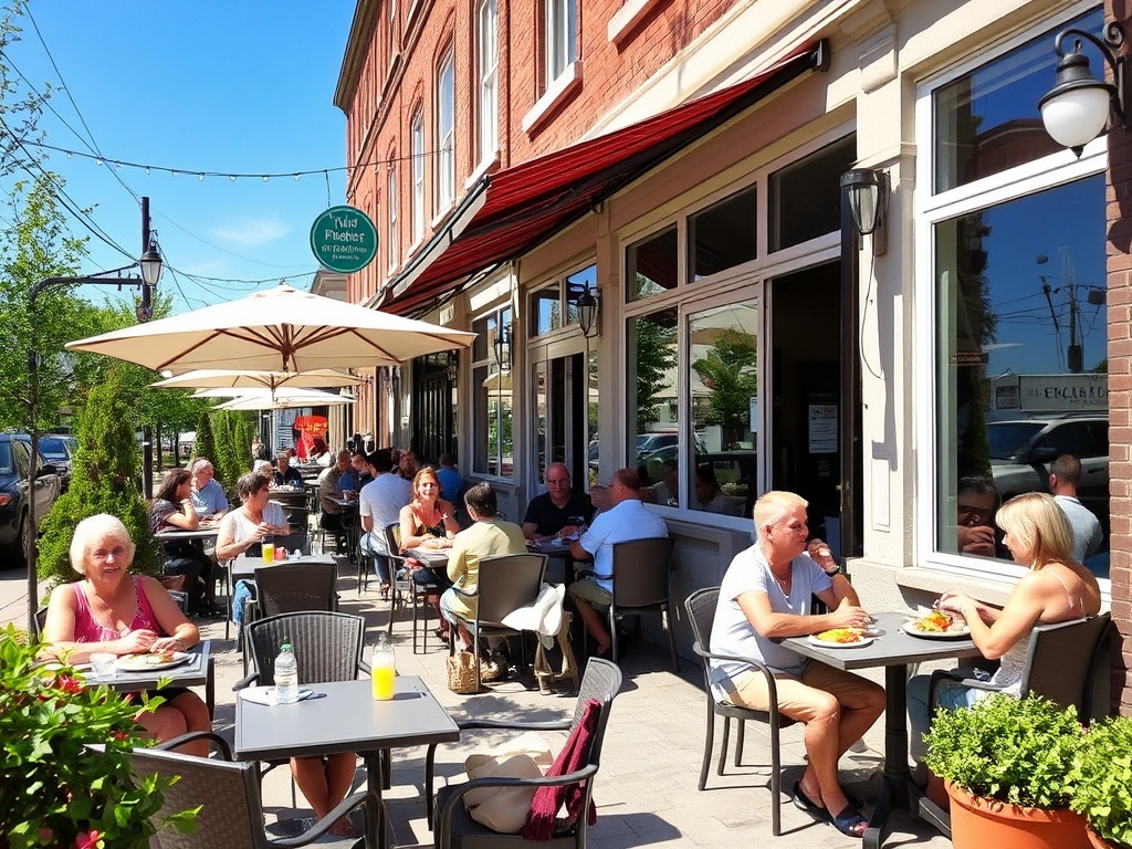 casual lunch spot in Saint-Jean-sur-Richelieu, outdoor patio seating, people eating relaxed meals, sunny midday atmosphere
