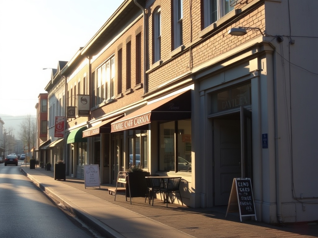 early morning in Saint-Jean-sur-Richelieu, quiet streets with soft sunlight, small local café exterior, peaceful Quebec town atmosphere