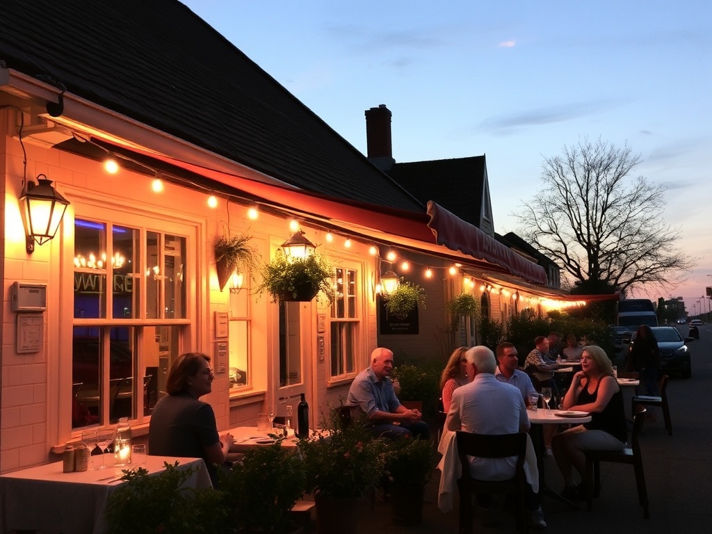 evening in Saint-Jean-sur-Richelieu, warm lights, small restaurant terrace, relaxed dinner scene with friends