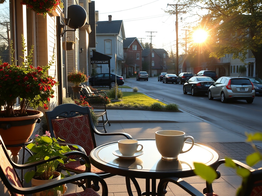 lazy Sunday morning, coffee on a patio, soft light, calm residential street in Quebec