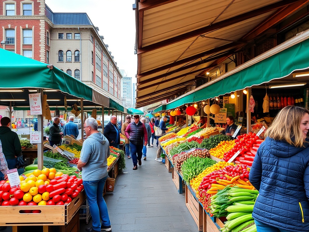 Quebec farmers market stalls, fresh produce, local vendors, colorful vegetables, people browsing casually