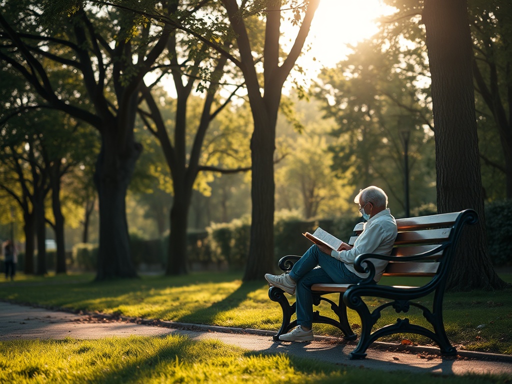quiet park bench under trees, soft afternoon light, calm relaxing atmosphere, someone reading a book outdoors