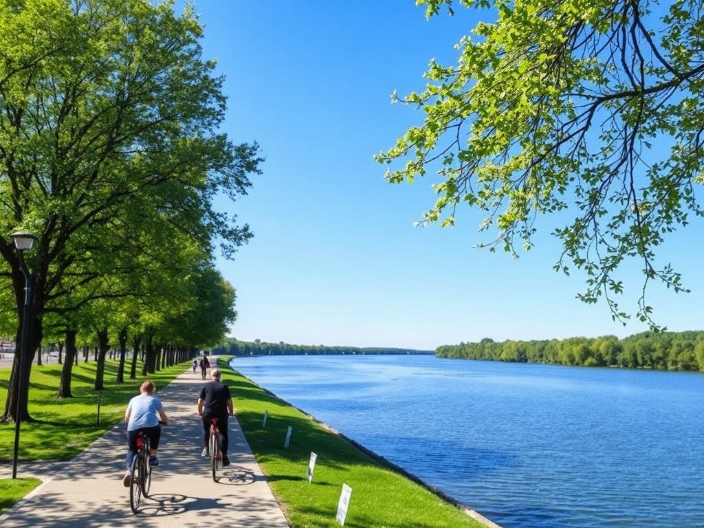 Richelieu River walking path, cyclists and walkers, trees lining the water, bright blue sky, relaxed weekend vibe in Quebec