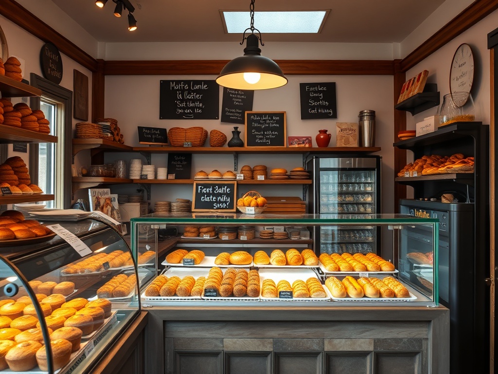 small local bakery interior, fresh pastries on display, warm lighting, inviting Quebec shop