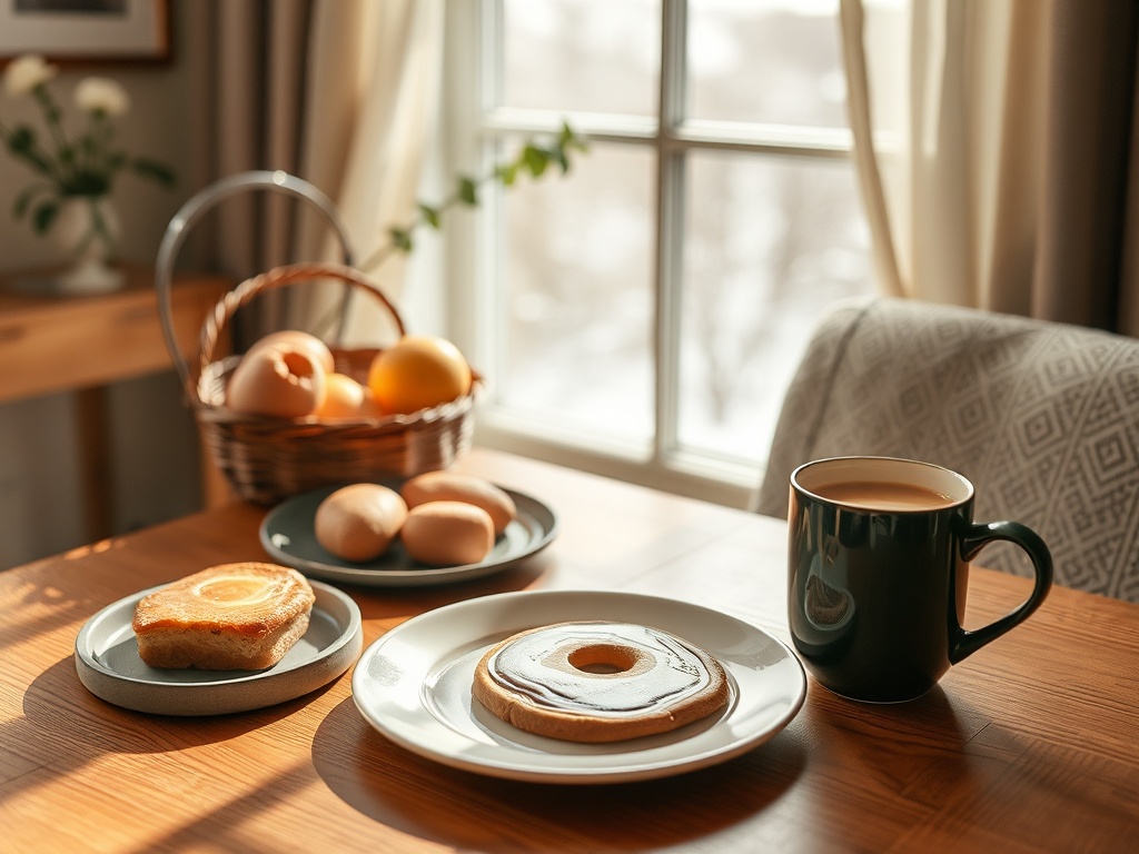 cozy home brunch Quebec, natural light, relaxed weekend morning, simple food and coffee