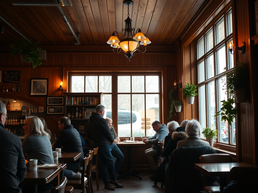 cozy Quebec cafe interior, warm wood, morning light, people chatting casually, relaxed atmosphere