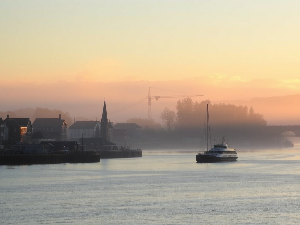 early morning Richelieu River mist, soft golden light, quiet Quebec town atmosphere, peaceful waterfront