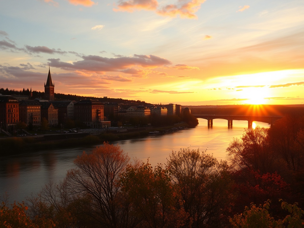 golden hour over Richelieu River, warm sunset colors, peaceful Quebec town skyline