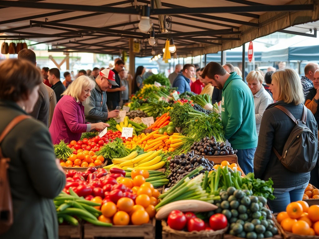 local farmers market Quebec colorful produce, friendly vendors, lively but relaxed crowd