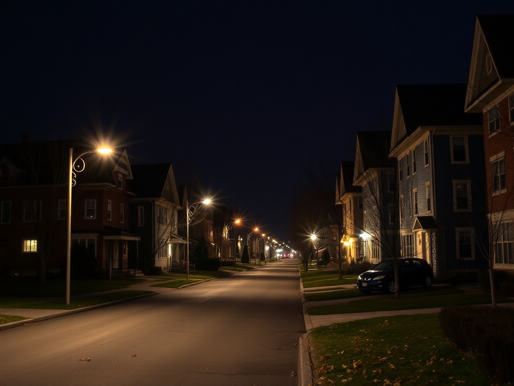 quiet Quebec neighborhood at night, soft streetlights, calm peaceful atmosphere