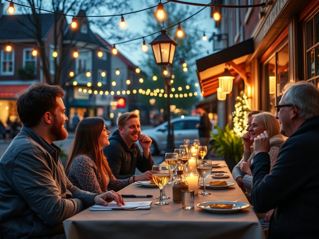 small town Quebec restaurant patio evening, warm lights, relaxed dining, friends laughing
