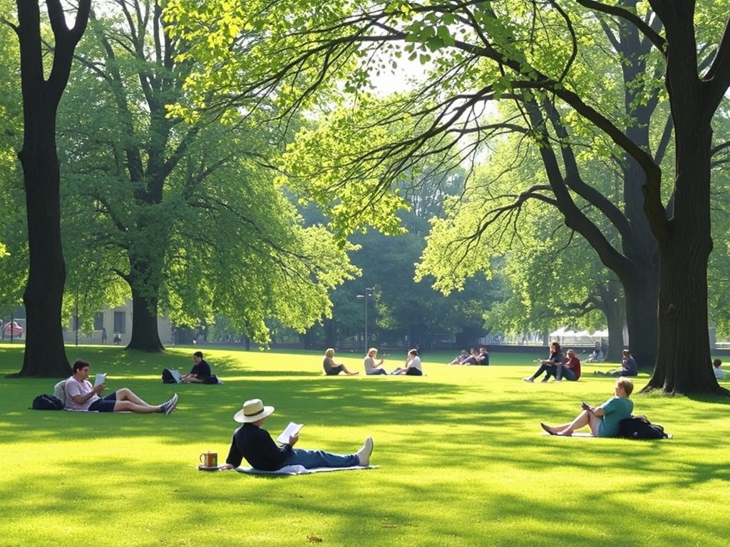 calm afternoon in Saint-Jerome park with people lounging, reading, soft sunlight