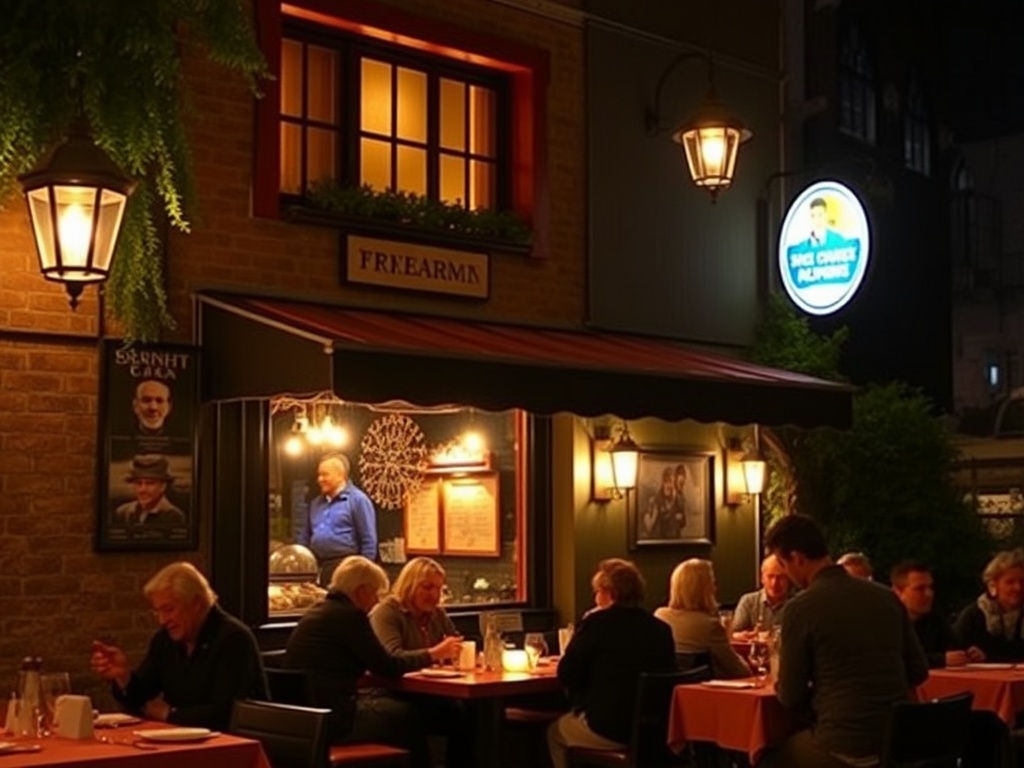 cozy evening restaurant in Saint-Jerome, warm lighting, people dining, Quebec ambiance