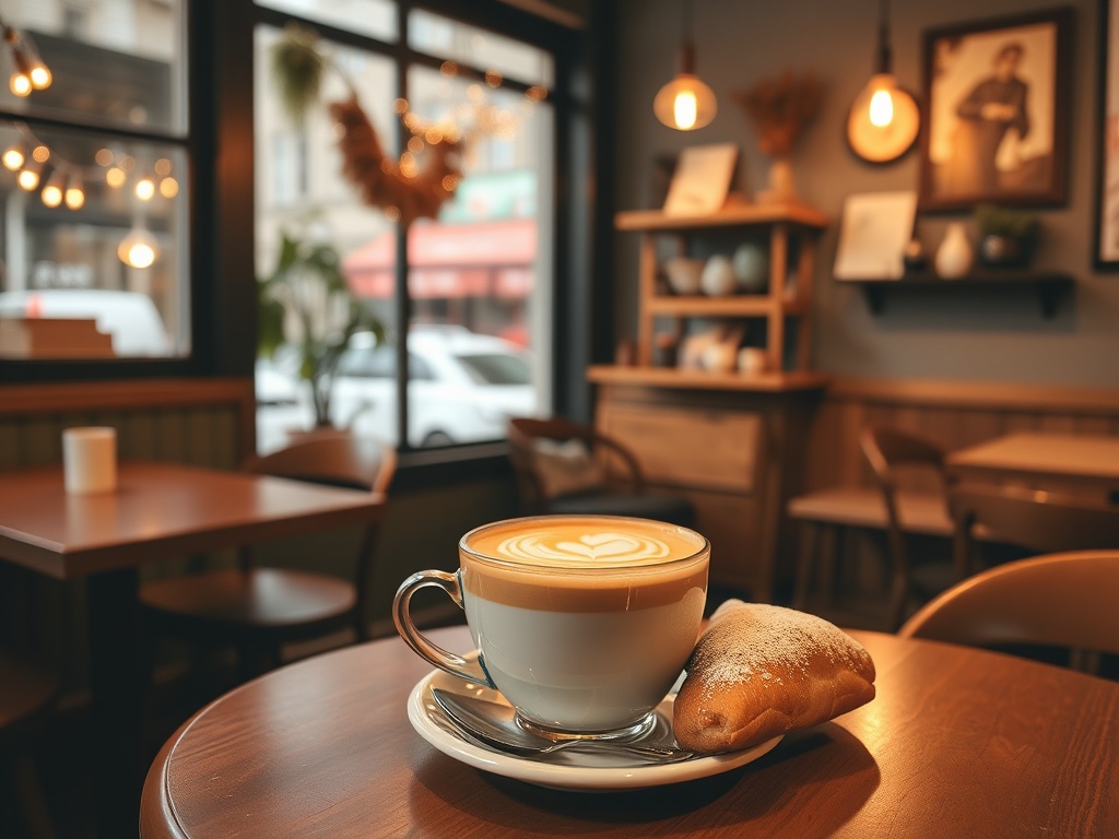 cozy Quebec cafe interior with latte and pastry, warm lighting, local vibe
