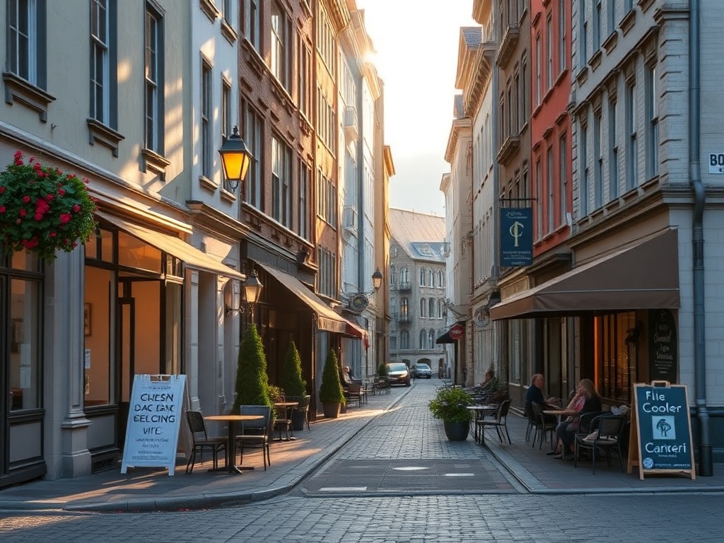 early morning Saint-Jerome streets with soft light, cafes opening, quiet Quebec town atmosphere