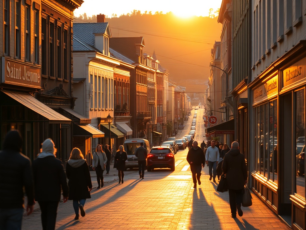 golden hour Saint-Jerome streets, people heading out, warm evening light Quebec town