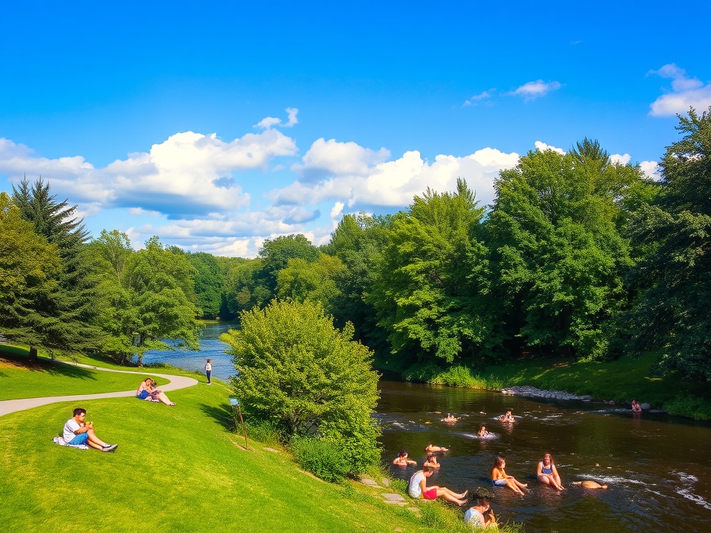 lush park or riverside in Saint-Jerome, people relaxing, Quebec nature scenery