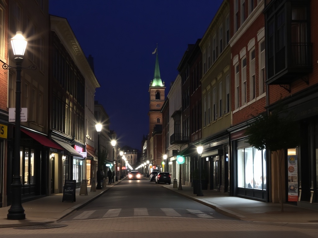 nighttime Saint-Jerome streets with soft lights, calm atmosphere, Quebec evening