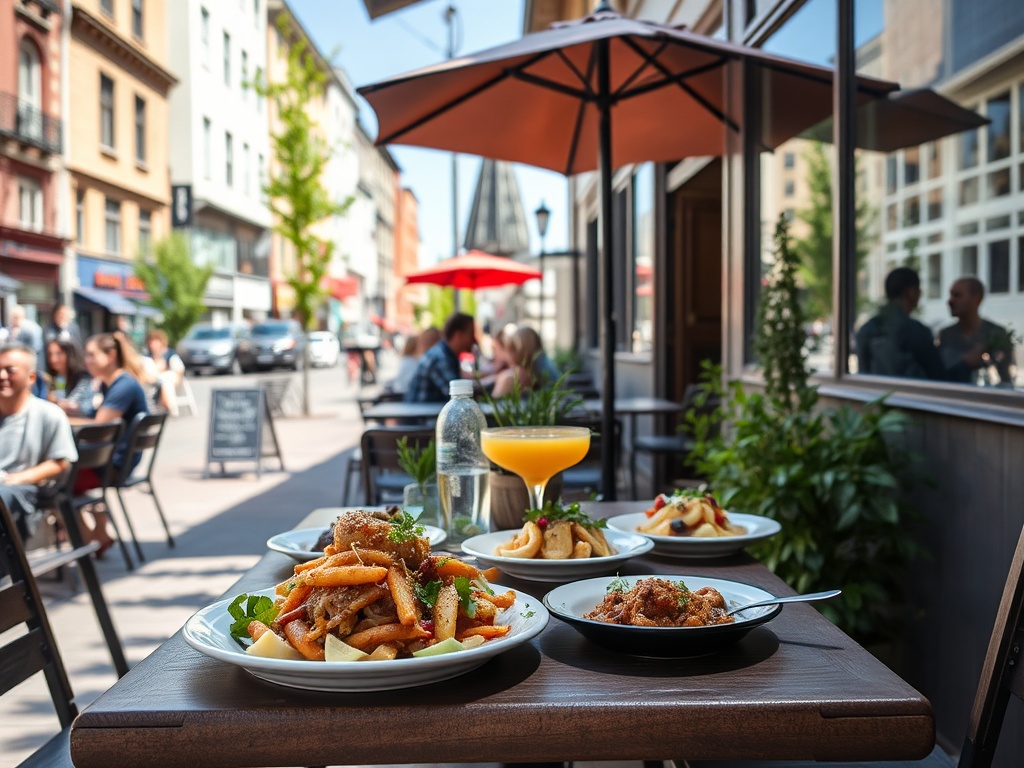 outdoor lunch patio in Saint-Jerome with plates of food, sunny Quebec afternoon