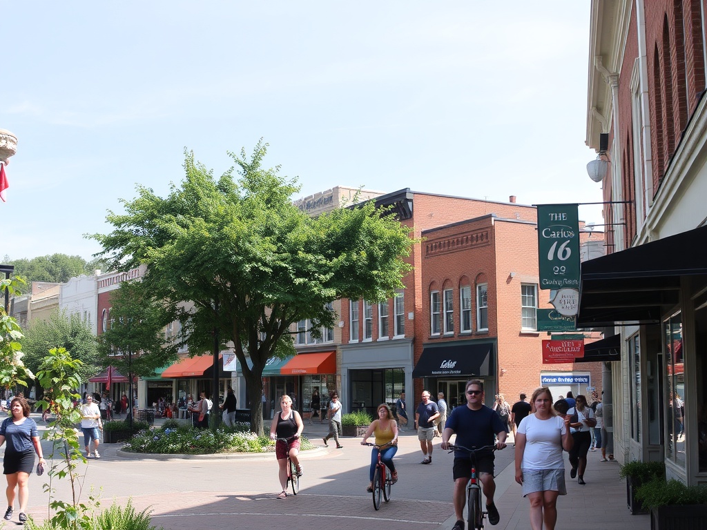 people walking and biking downtown Saint-Jerome streets, shops and greenery, lively midday scene