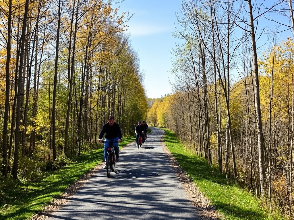 P'tit Train du Nord trail in Saint-Jerome with cyclists and trees, scenic Quebec pathway