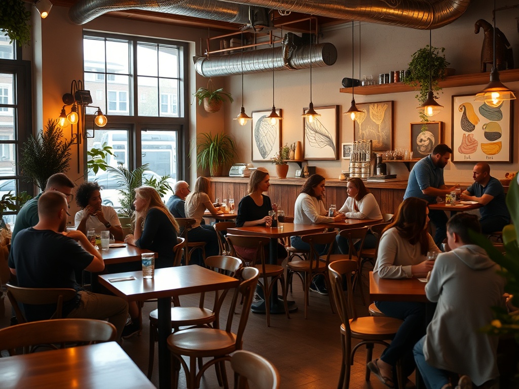 A cozy Saint John café interior with warm lighting, wooden furniture, and people enjoying drinks while chatting. The cafe has a rustic yet modern vibe with art on the walls and plants scattered around.