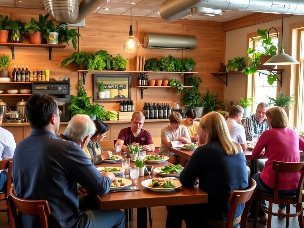 A farm-to-table restaurant in Saint John with fresh produce and locally sourced dishes being served to patrons. The ambiance is warm and welcoming, with natural wood decor and plants decorating the space.