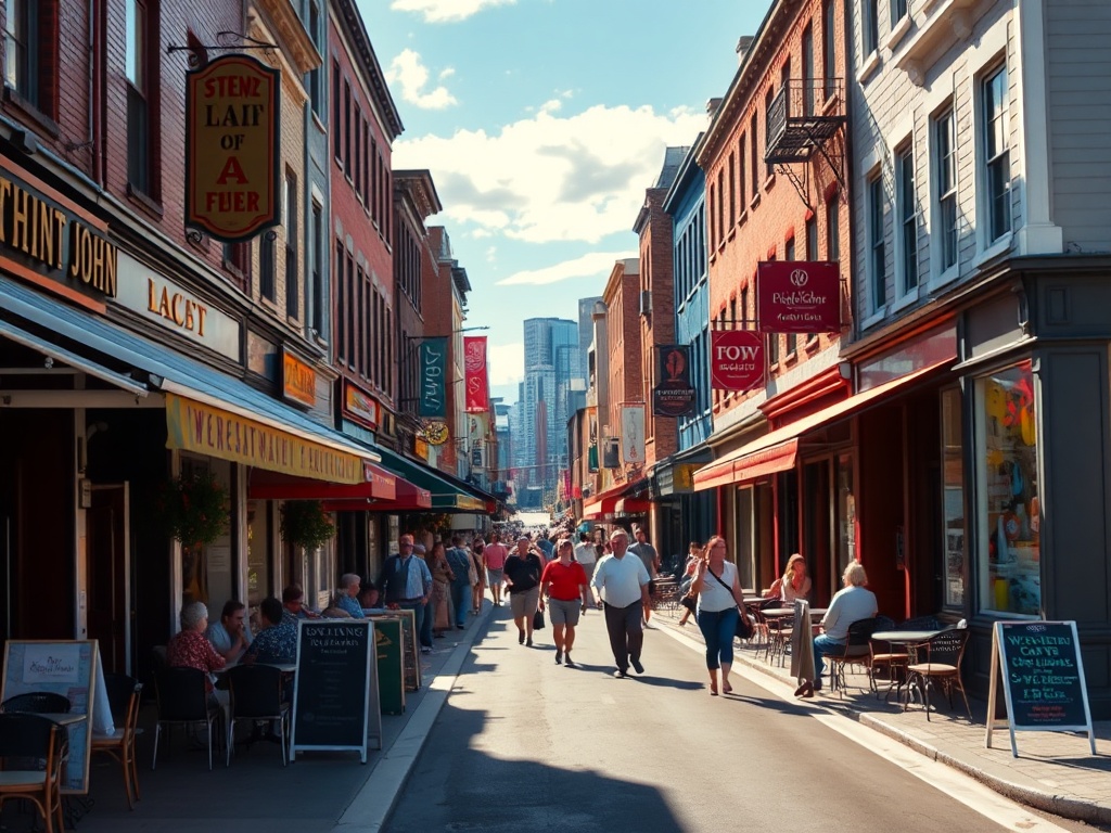 A vibrant and bustling Saint John street with several restaurants and cafes lining the road. The scene is lively with people walking and outdoor seating areas. Sunlight illuminates the colorful storefronts, creating a welcoming atmosphere.