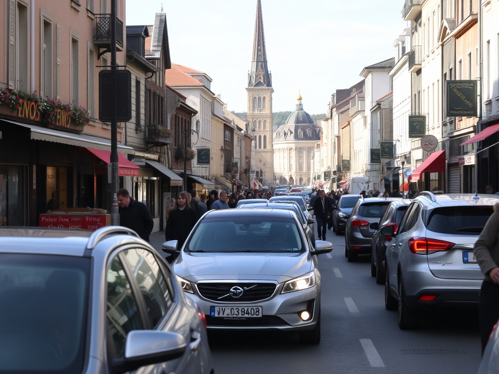 busy Saint-Sauveur midday street with cars and crowded sidewalks