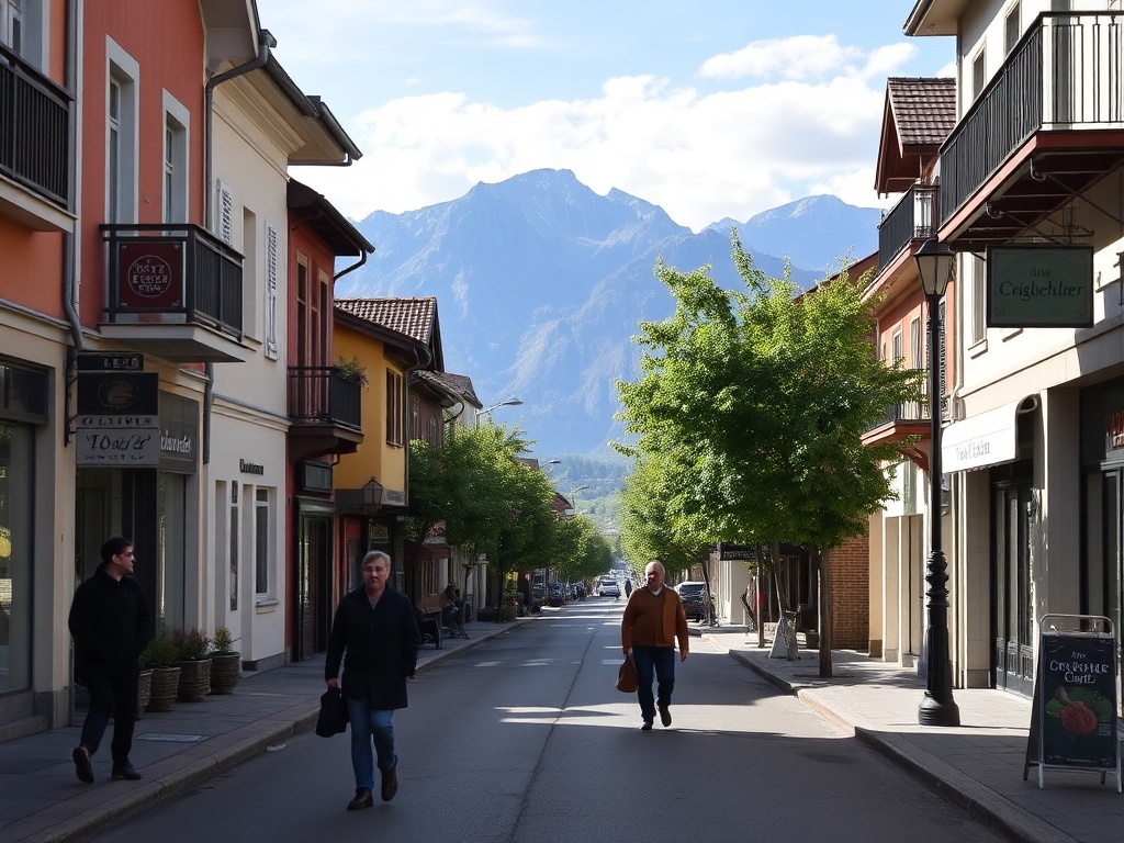 calm Saint-Sauveur morning street with locals walking slowly and mountains in background
